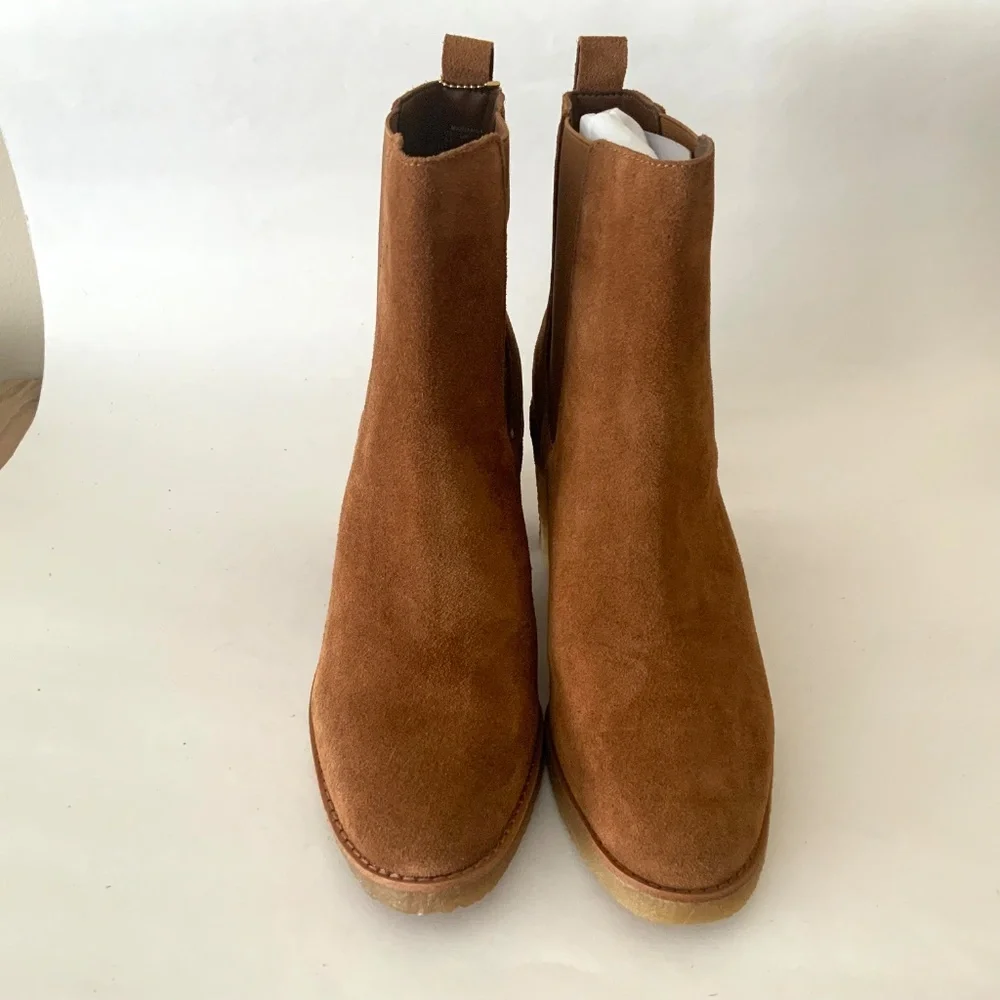 Ralph Lauren Marianna Tan Suede Pull-On Chelsea Bootie Block Heel Ankle Boots